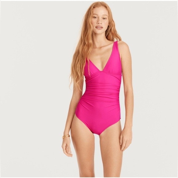 NWT J. Crew Flamingo Pink Full Coverage Lined Ruched Side Padded Cup Swimsuit - Picture 1 of 16